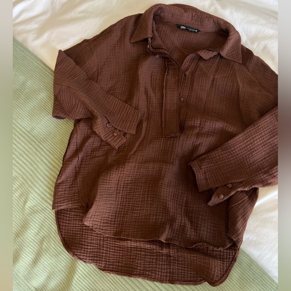 ZARA Brown Linen Blouse Pullover Oversized Sz Small - Picture 1 of 4